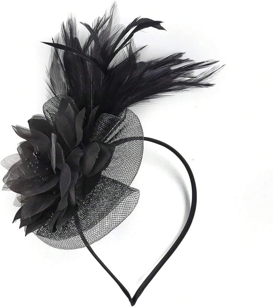 Fascinators Hats Women,Tea Party Fascinator Hair Clip With Feathers Wedding,Derby Hats Headbands - 款式1-黑色 - 查看 1