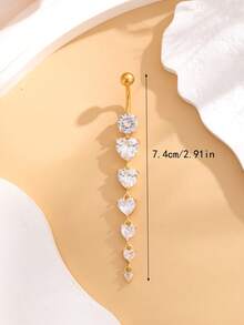 1pc Golden Long Pendant With 6pcs Zirconia Heart Shape Inlaid Navel Ring, Stainless Steel Belly Button Piercing Jewelry For Daily Wear
