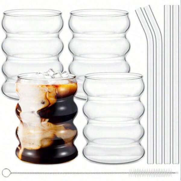 4pcs 300ml/10.5 Oz Creative Glass Cups Vintage Drinking Glasses Ribbed Glassware, Aesthetic Iced Coffee Glasses With Straws Set, For Coffee, Juice, Beverage (Clear)