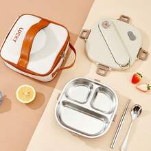 800 毫升便携式方形分隔午餐盒带餐具，3/4 格密封防漏 304 不锈钢便当盒，可爱卡通大容量午餐盒，带盖餐盘，可微波炉加热和热水加热，适合学生和成人在学校、办公室、户外露营、野餐、旅行中使用 - 彩色 - 查看 5