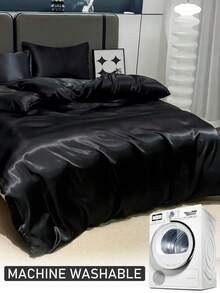 3 件套黑色缎面羽绒被套，现代丝滑奢华四季床上用品套装，柔软透气，可机洗（1 个羽绒被套 + 2 个枕套） - 黑色 - 查看 5