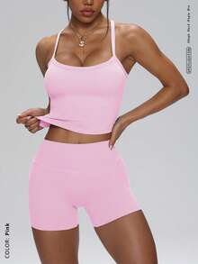 FWH 极简功能性运动文胸（带可拆卸胸垫）+高腰短裤两件套。无缝面料，适合健身/街头穿着，X型后背带，四向弹力，压缩腰带。 - 淺粉色 - 查看 1