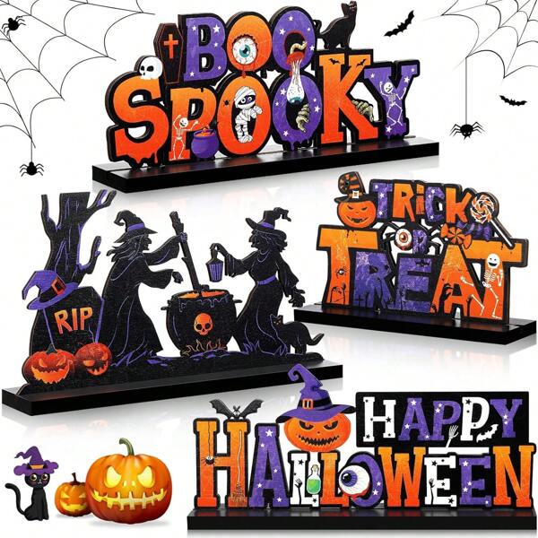 4 peças de decoração de mesa de madeira para o Halloween - centro de mesa "doces ou travessuras", placas assustadoras "boo", decoração de abóbora de madeira para festa em casa, mesa interna