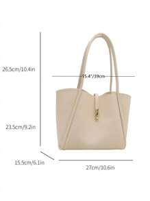 1pc Solid Color Metallic Decoration PU Leather Large Capacity Snap Button Minimalist Fashion Shoulder Tote Bag, Suitable For Women's Daily Use