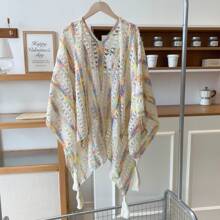 1 pièce Cardigan ajouré tricoté blanc pour femmes, Cape châle à franges élégante rétro, Vêtement léger, Poncho pour port quotidien des femmes
