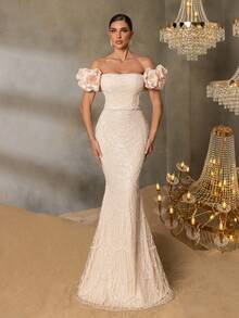 Faeriesty Haute Glamour Luxury Beaded Mermaid Evening Gown With Puff Sleeves – Off-Shoulder Silhouette, Floor-Length Train For Luxe Festivals & High-Profile Events - 杏色 - 查看 3