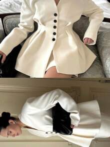 Plus Size Women's Thick Fabric Stand Collar Double-Sided Design Waist Ruched Elegant Teacher Outfit, Suitable For Christmas Eve, Christmas, Halloween, Thanksgiving, Diwali, Versatile Jacket