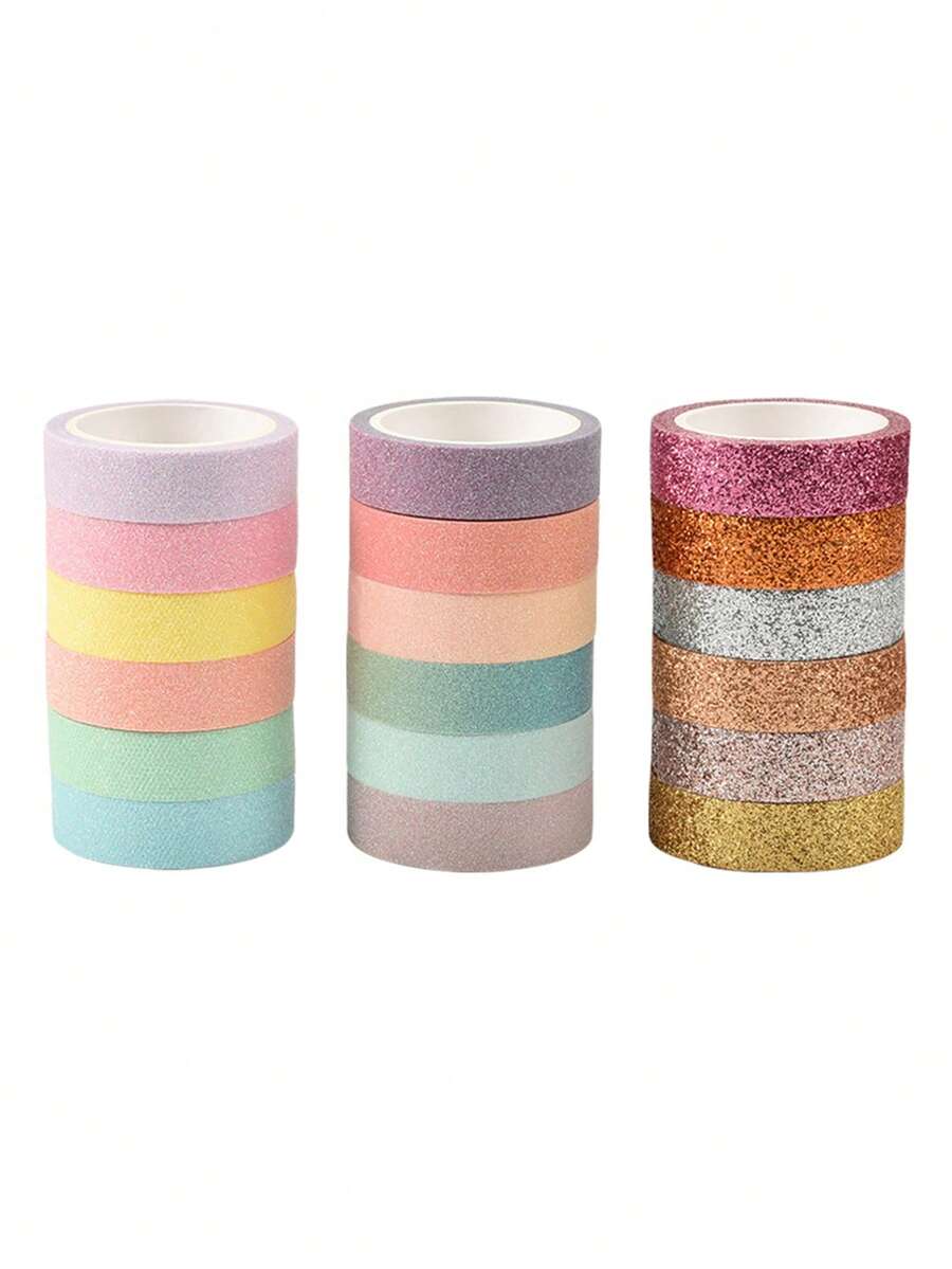 12 件/包装饰性金箔剪贴簿和计划簿和纸胶带，马卡龙色闪光亮片工艺胶带，学校用品，返校 - 彩色 - 查看 1