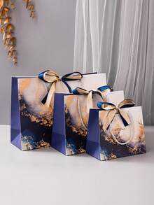 1/5pcs Gift Bag Marble Pattern Gift Bags With Dual Color Ribbon Handles, Printed Packaging Bags For Party, Wedding, Holiday, Christmas Valentine Day - Multicolor - View 4