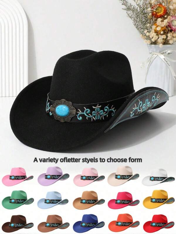 1 pieza Sombrero de mezclilla para mujer, sombrero vaquero ancho elegante y de estilo unisex con bordado turquesa, sombrero de mezclilla con parche bordado lateral, sombrero vaquero occidental de moda, único y versátil para festivales de música, graduación, actuaciones en el escenario, todas las estaciones
