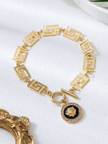 1pc Retro Zinc Alloy Geometric Pattern Rhinestone Inlaid Lion Head Pendant, Suitable For Women Anklet, Bracelet, Necklace, Earrings, Casual Beach Holiday Wear - Yellow Gold - View 10