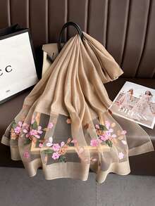 1 pezzo Sciarpa di seta elegante da donna con motivo traforato, perle finte e reticolare, sciarpa rossa tinta unita con fiore, sciarpa casual per la testa e il collo, adatta per l'uso quotidiano in autunno e inverno come accessorio