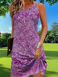 时尚印花连衣裙，适合休闲、度假、居家、工作、婚礼、派对、海滩、睡衣等场合。轻盈、优雅、百搭，修身剪裁，专为女性设计。 - 紫色 - 查看 4