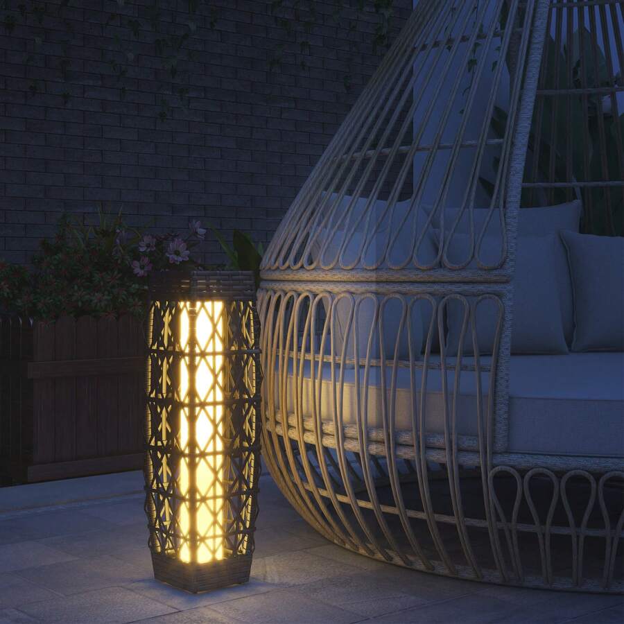 Solar LED Garden Light With Rattan And Light Sensor, Grey, Anti-UV For Outdoor Use