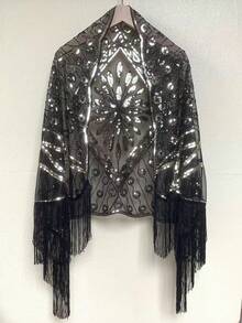 1920s Vintage Sequin Embroidered Tassel Shawl, Elegant Retro Polyester Breathable Mesh Short Cape, Women's Fashion Party Evening Dress Accessory - Multicolor - View 12