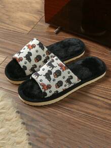 Chinelos Planos Deslizantes Abertos com Padrão de Cachorro Dachshund de Desenho Animado Fofo para Mulheres, Chinelos Casuais Internos para Quarto, Outono/Inverno