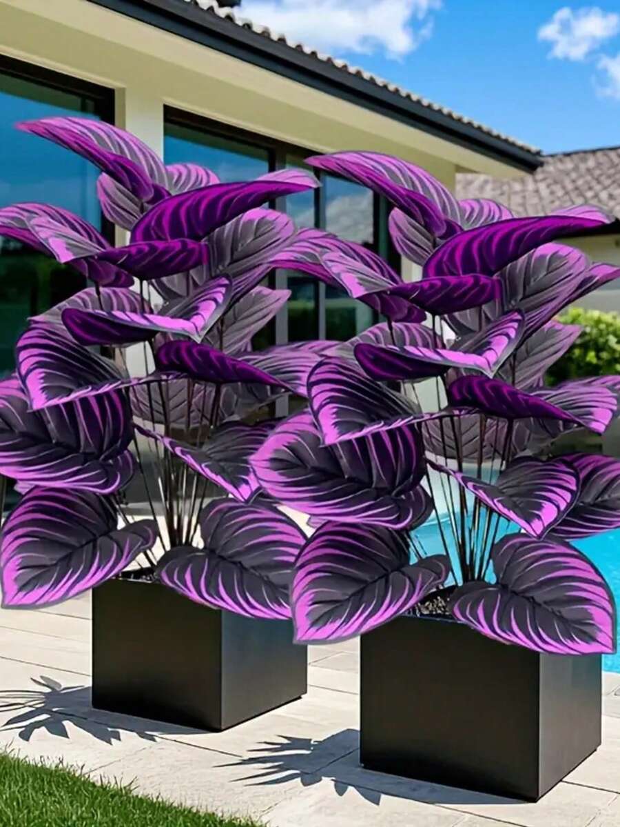 2 件大型 18/12 叶人造绿植，图案生动 - 黑色花盆中的紫色叶子，非常适合家庭、花园和活动装饰 - 非常适合母亲节、父亲节、婚礼、乔迁礼物、活动装饰 | 装饰性室内植物 | 免维护户外植物