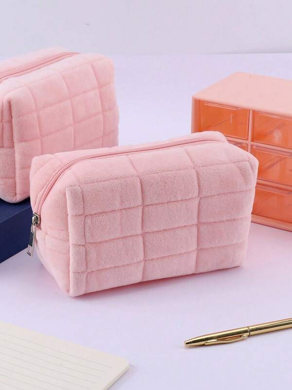 1PC Creative Plaid Zipper Pencil Case, Solid Color Plush Pencil Bag, Large Capacity Student Stationery Box,Back To School,School Supplies