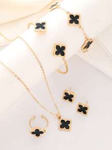 6 Pcs Clover Earring Necklace Bracelet Bangle Ring Jewelry Set For Women