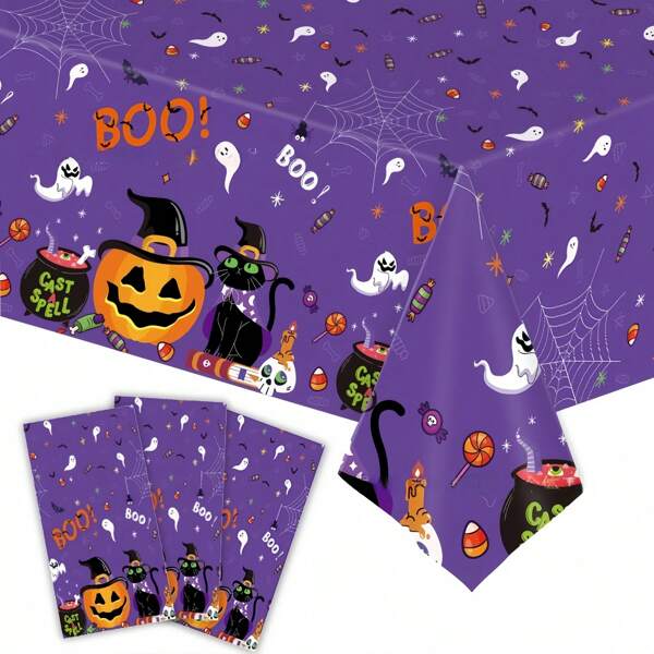 1pc Halloween Tablecloth Disposable Plastic Tablecloth With Castle Bat Pumpkin Cute Halloween Birthday Decoration Party Decoration Tablecloth