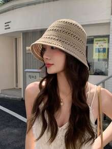 1 件女士夏季时尚镂空针织渔夫帽，户外窄边针织波西米亚风太阳帽，休闲百搭 - MZ3064 - 查看 4