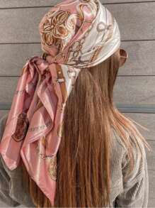 1 Stück Damen-Schal aus hellrosa bedrucktem Satin, quadratisch, aus Seide, modisches Stirnband für Outdoor, Haartuch, geeignet für die Frühlings- und Sommersaison