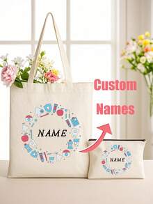 定制牙齿印花化妆包、牙齿主题手提包和化妆包套装、女士伴娘个性化婚礼礼品包、个性化字母印花手提包配化妆包、海滩度假风格卡片套装字母购物袋 - 彩色 - 查看 6