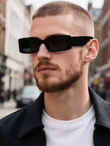 1 Pair Unisex Black Rectangular Minimalist Sunglasses, Suitable For Party, Travel, Music Festival, Sports, Driving, Holiday Outfit, Beach, Outing, Summer Accessories, Vacation, Family Outing, UV Protection, Golf, Hiking, Elegant Style, Street Fashion Accessory, Sports, Outdoor Activities, Street Style, Fishing, Outdoor Activities, Vacation, Sun Protection