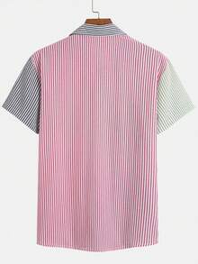 Men's Multi-Color Contrast Color Block Bubble Striped Breathable Soft Fabric Turndown Collar Button Up Casual Shirt, Suitable For Daily, Commuting, Streetwear, Summer New Arrival - Pink - View 7