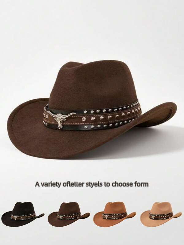 1 pieza Sombrero de vaquero unisex estilo occidental con decoración desmontable de hebilla de toro plateada, adecuado para uso casual diario, festivales, fiestas de vaqueros occidentales, sombrero unisex para hombres y mujeres, versátil para todas las estaciones