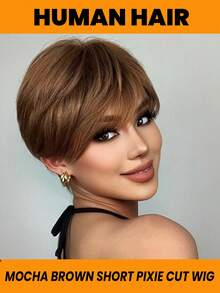 Texture Straight Pixie Cut Human Hair Wigs Short Layered Style Full Machine Made Fake Scalp #4 Natural Looking Realistic Hairpiece Wigs For Women Daily Use - S4 - Xem 1