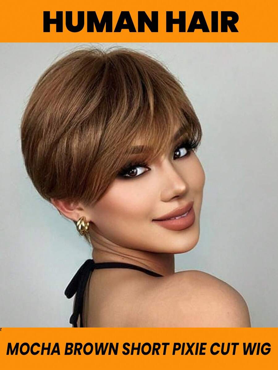 Texture Straight Pixie Cut Human Hair Wigs Short Layered Style Full Machine Made Fake Scalp #4 Natural Looking Realistic Hairpiece Wigs For Women Daily Use - S4 - Xem 1