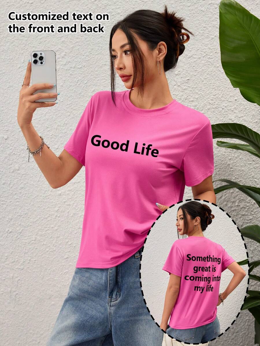 Customized Women Short Sleeve T-Shirt, Personalized Graphic Printed Tee, Add Your Own Text Front And Back, Oversized Clothing - Hot Pink - View 1