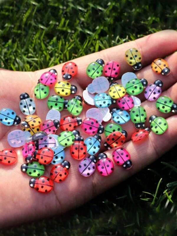 30pcs Lady Bug Garden Decor, Landscape Figurines For Succulent Pot, Wooden Craft Insect DIY Accessories,Cartoon Simulation Beetle Shaped Mixed Resin Patch