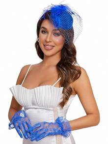 20s 50s Pillbox Derby Fascinator Hat Fascinators Hair Clip Wedding Tea Party Hat And Short Lace Gloves Women - 藍色 - 查看 1