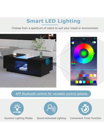 Coffee Tafel Drawers, Open Compartment, LED Lighting, Functionality view 3