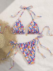 女士碎花挂脖系带比基尼套装，性感泳衣，适合海滩度假，休闲优雅泳装，采用高弹透气面料，适合海滩、音乐节、情人节等场合，女士海滩度假装扮，女士泳装，夏季度假装扮，女士比基尼 - 彩色 - 查看 3