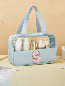 1PC Transparent PVC Toiletry Bag For Makeup Tools Letters Makeup Bag Water-Proof Portable Chenille Letter Zipper Make Up Organizer Minimalist Initial Letter Patch Travel Toiletry Bag For Women For - Baby Blue - View 9