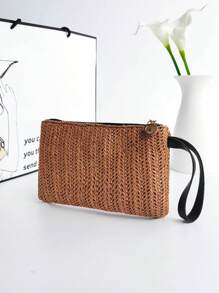 Women's Brown Woven Bohemian Style Clutch Bag, Suitable For Vacation
