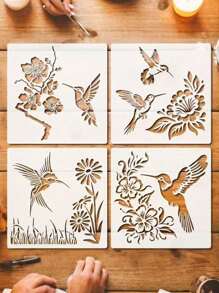 Set Of 4 Hummingbird Stencils, 7-Inch Reusable Bird, Floral, And Branch Painting Templates For Use On Wooden Signs, Murals, Canvas, Furniture, And Porch Decorations.,Back To School,School Supplies