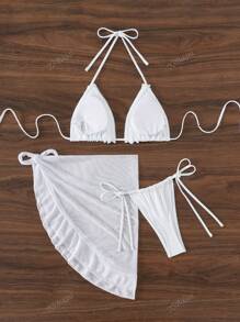 Women's Solid White Ruffled Halter Swimsuit, Triangle Bikini Bottom, Swimsuit Cover Up Skirt 3pcs Set, Beach Vacation Swimwear