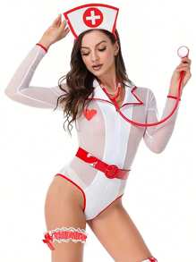 Set costum de asistentă sexy: bandă încrucișată, stetoscop, lenjerie intimă pentru femei, accesorii pentru petrecere de Halloween cosplay și recuzită de machiaj interesantă pentru festival, stil de bază.