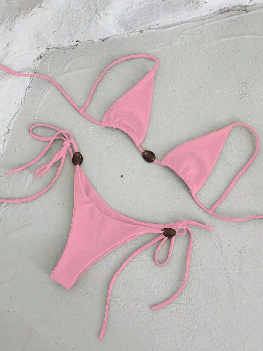 Bộ bikini nữ Polovedo chính hãng mới ra mắt mùa Xuân/Hè, màu hồng trơn, thanh lịch và gợi cảm, kiểu buộc dây, thích hợp cho đi biển, nghỉ lễ, hẹn hò. - Hồng - Xem 1