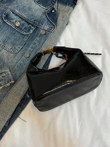 Neue minimalistisch Vintage einfarbige PU wasserdichte Tragetasche, Buchstaben Grafik Dekoration, Reißverschluss, Tragegriff oben, quadratische Form, burgunderrot, Anhänger Dekoration, geeignet zum Einkaufen