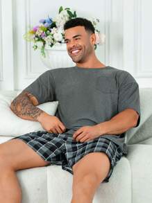 2pcs/Set Oversized Men's Casual Loose Pocket Round Neck Short Sleeve Plaid Shorts Pajama Set, For Spring/Summer Loungewear