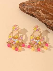 1 par de pendientes con estilo navideño de mujer con cristales, hechos a mano con flores, cuentas y borlas de colores, pendientes bohemios colgantes y aro para chicas