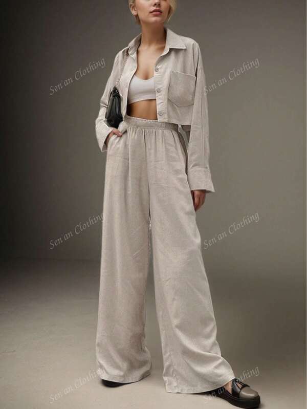 Autumn Fashionable Long Sleeve Jacket And Loose Pocket Wide Leg Pants Set