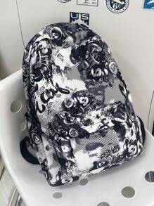 1pc Black Nylon Casual Graffiti Allover Print Foldable Large Capacity Water-Resistant Zipper Backpack, Suitable For Daily School, Training, Men's Commuting, Shopping, Travel, Gift For Back To School And Graduation Season Back To School Supplies