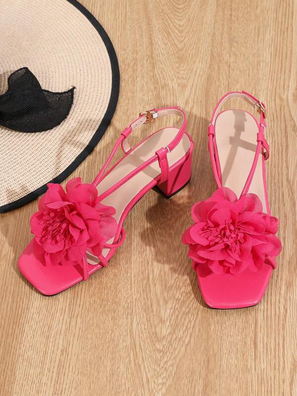 2025 Handmade Floral Elegant Backpack Buckle Fuchsia High Heel Shoes. Thick Heel Open Toe Square Toe Women's Shoes High Heel Sandals Splicing Strap Sandals Dance Shoes
