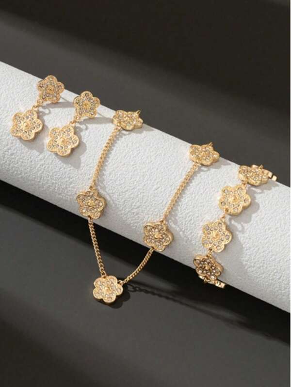 1 Set Elegant & Luxury Metal Rhinestone Flower Jewelry Set, Women Party/Wedding Accessory